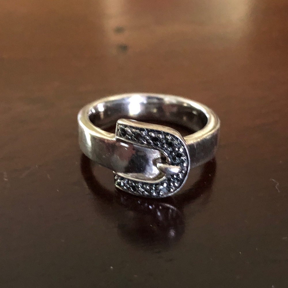 Sterling Silver Buckle Ring With Black Diamond Accents